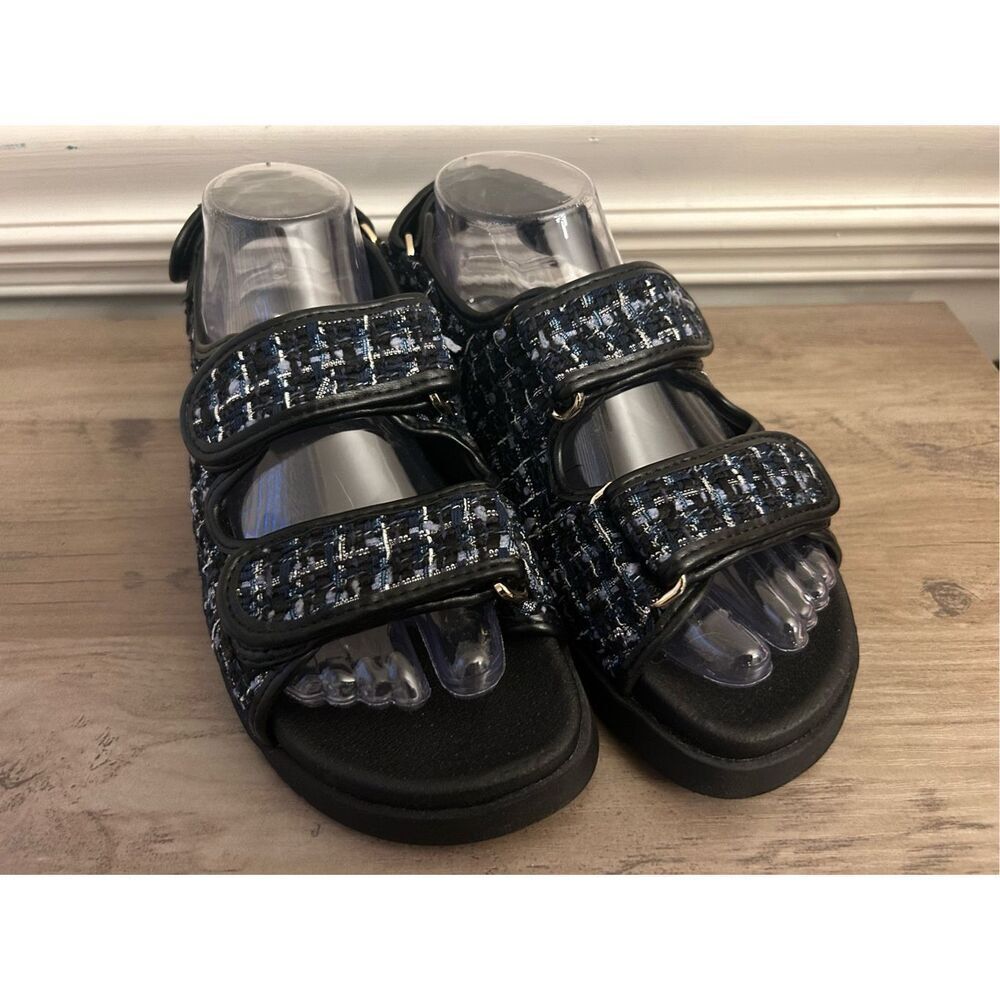 Aqua Womens Navy Plaid Padded Margo Round Toe Platform Slingback Sandals 6M new